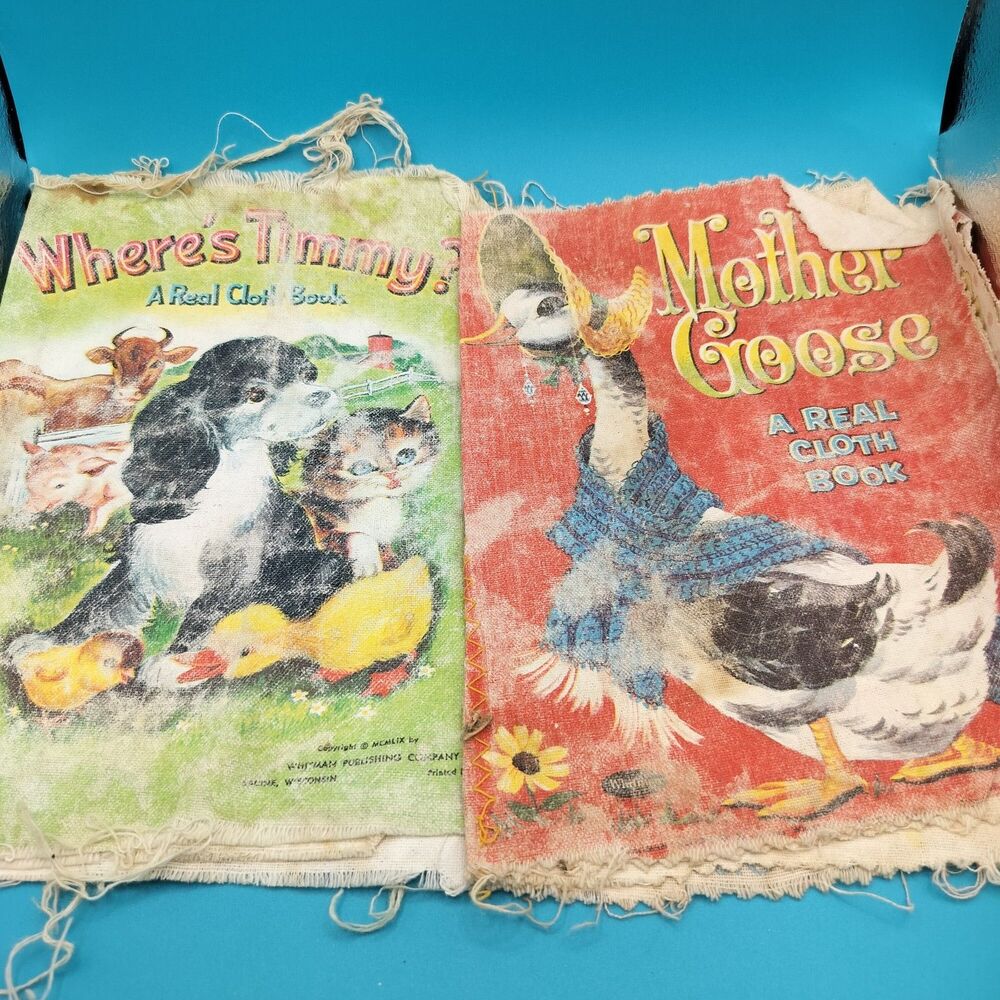 Lot Of 2 Faded Old Worn A Real CLOTH BOOK Whitman Mother Goose and Wheres Timmy